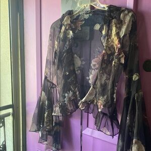 Dolls Kill Black and Cream Sheer Ruffled Bell Sleeve Blouse